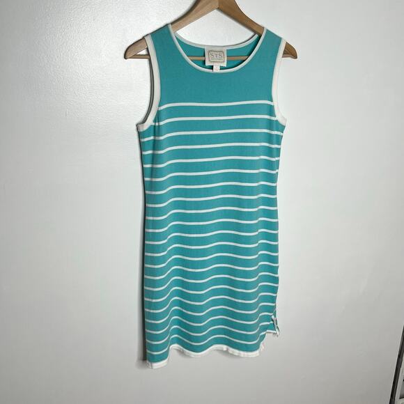 Sail To Sable Women Sleeveless Knit Shift Dress S Teal Stripe Coastal Nautical - Picture 2 of 8